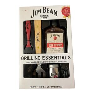 Jim Beam Grilling Essentials Gift Set BBQ Sauce Basting Brush Tongs Fork Shaker